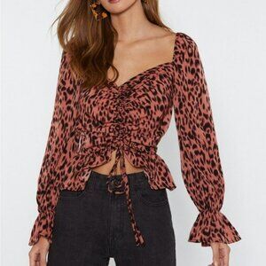 Nasty Gal Collection Pink Leopard Print Ruched Puff Sleeve Blouse Shirt
